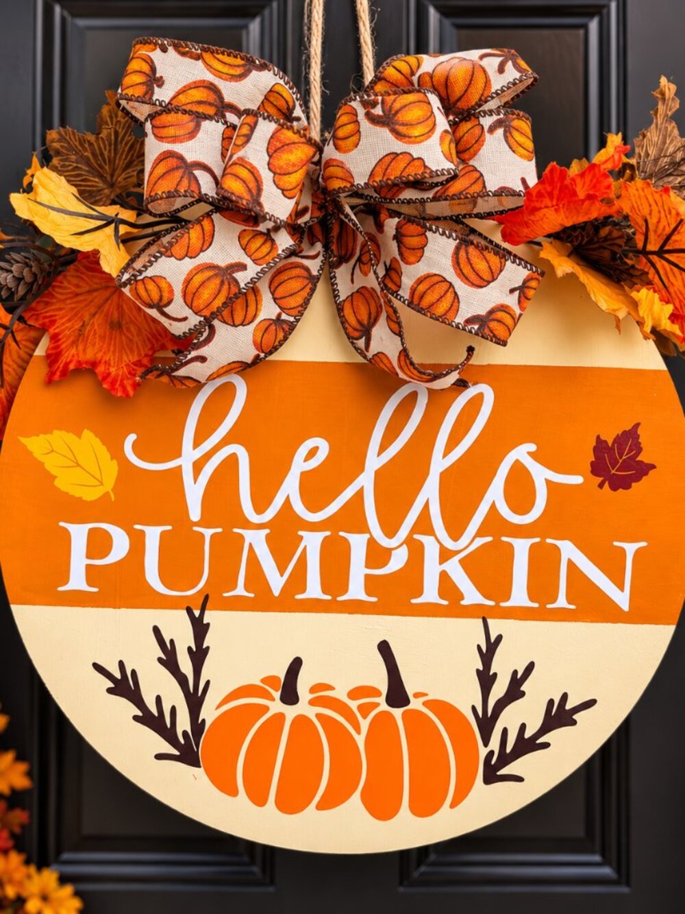 Hello Pumpkin Door Hanger 14" Handmade Fall Front Door Decor